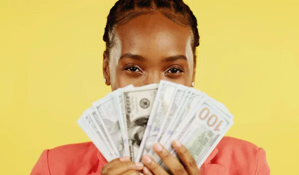 Portrait Happy Black Woman Money Fan Dollar Mockup Savings Profit — 스톡 사진