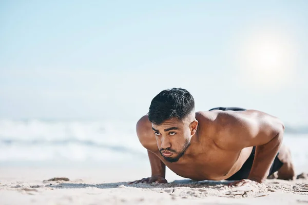 Man Beach Pushup Sand Fitness Workout Exercise Mockup Space Summer — Stock Photo, Image
