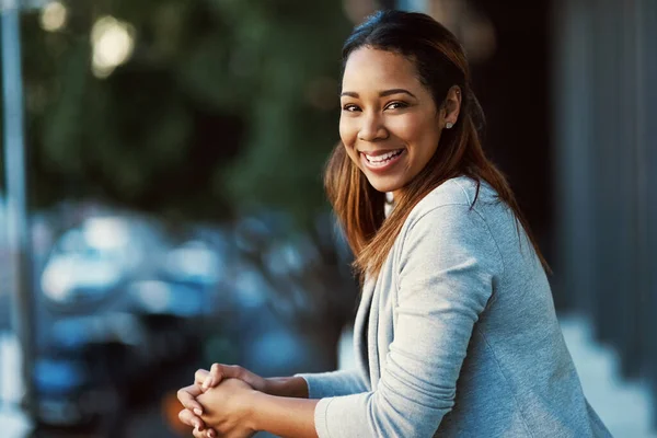 stock image The fresh air really helps me think. Portrait of an attractive young businesswoman standing on her office balcony