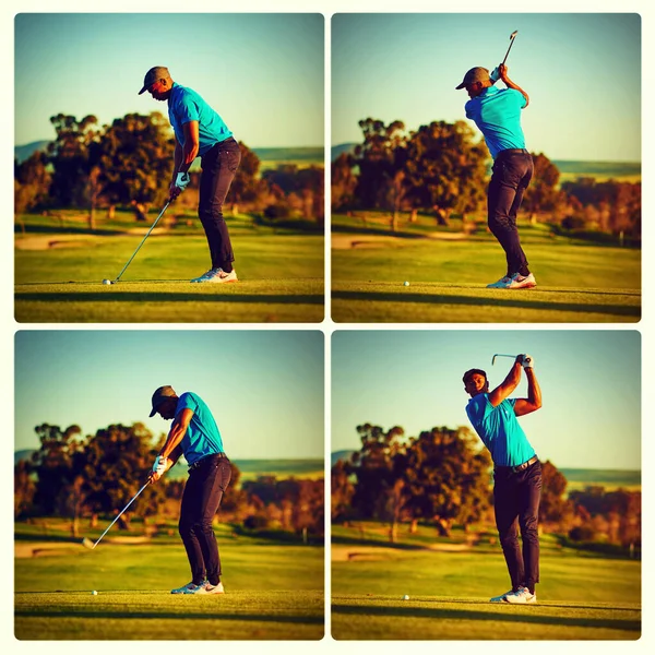 Pracuje Houpačce Kompozitní Záběr Mladého Muže Hrajícího Golf — Stock fotografie