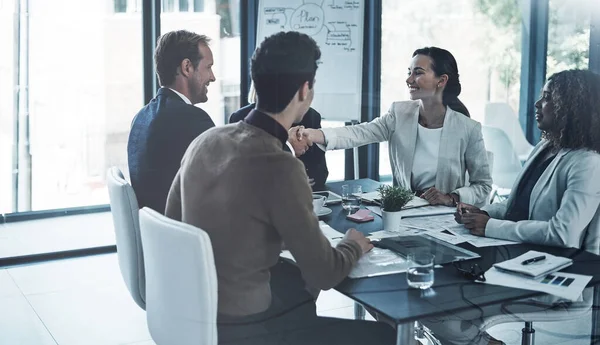 Theyve Reached Agreement Two Corporate Colleagues Shaking Hands Meeting Boardroom — Stock Photo, Image