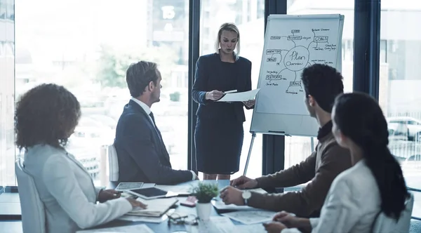 Any Questions Far Corporate Businesswoman Giving Presentation Her Colleagues Boardroom — Stock Photo, Image