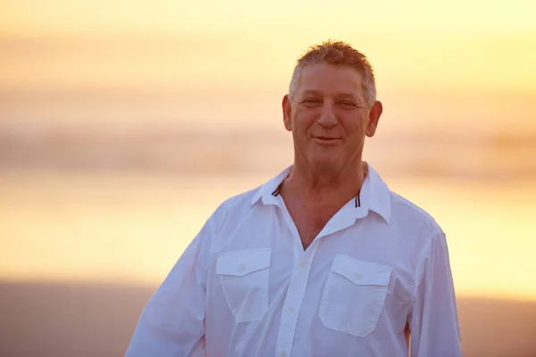 Paradise Cropped Portrait Handsome Mature Man Standing Beach Sunset Royalty Free Stock Images