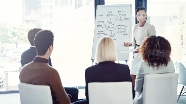 Happy Explain Again Anything Unclear Businesswoman Giving Presentation Her Colleagues — Stock Photo, Image