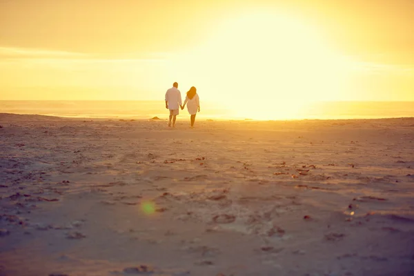 Walking Sunset Rearview Shot Affectionate Mature Couple Walking Hand Hand — Stock Photo, Image