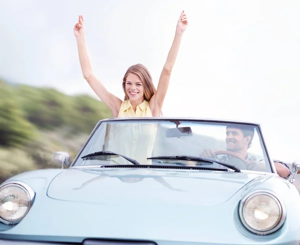 Roadtrips Awesome Young Woman Thoroughly Enjoying Car Trip Her Boyfriend — Stock Photo, Image