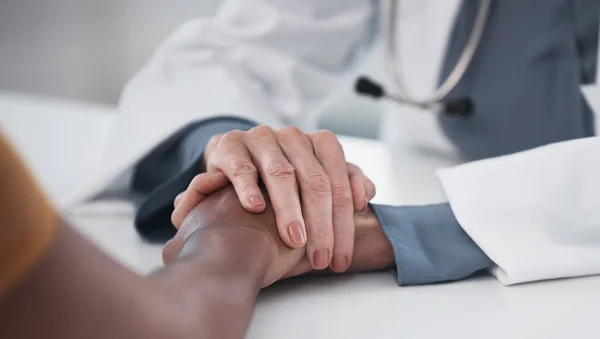 Empathy Closeup Holding Hands Doctor Patient Medical Support Advice Medicine — Stock Photo, Image