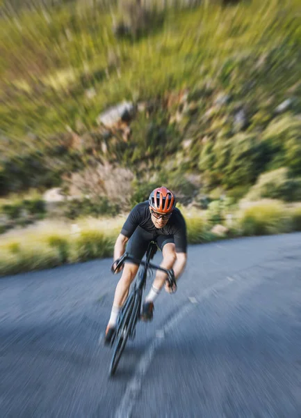 Bicicleta Borrão Movimento Homem Pedalando Rápido Natureza Montanha Aventura Trilha — Fotografia de Stock