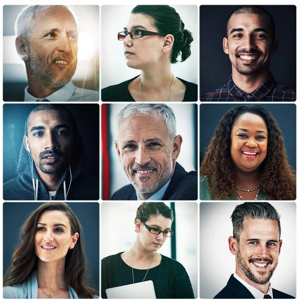 Успех Имеет Много Различных Лиц Композиционный Портрет Группы Разнообразных Предпринимателей — стоковое фото