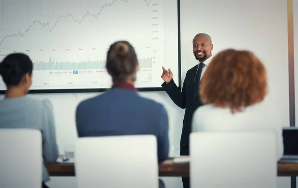 Draw Your Attention Mature Businessman Giving Presentation Boardroom — Stock Photo, Image