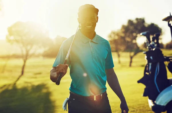 Take Life One Swing Time Golfer Standing Golf Course — Stock Photo, Image