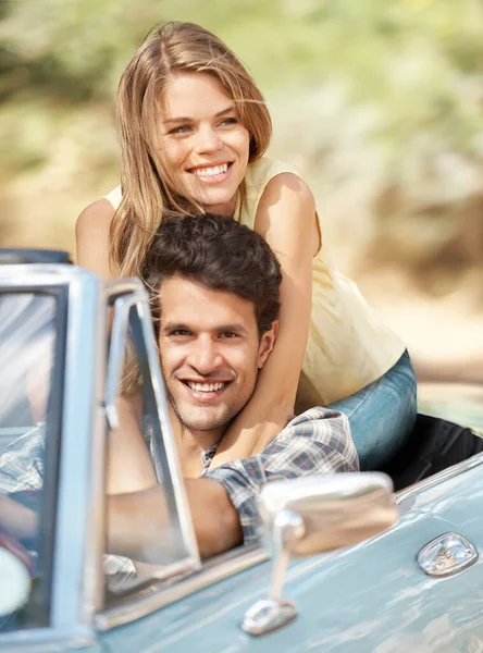 Taking Lady Spin Front View Affectionate Young Couple Riding Together — Stock Photo, Image