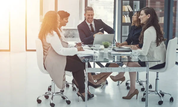 Theyre Decision Making Mission Group Colleagues Having Meeting Modern Office — Stock Photo, Image