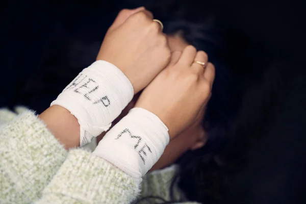Woman Depression Wrist Help Bandage Suicide Self Harm Person Dark — Stock Photo, Image