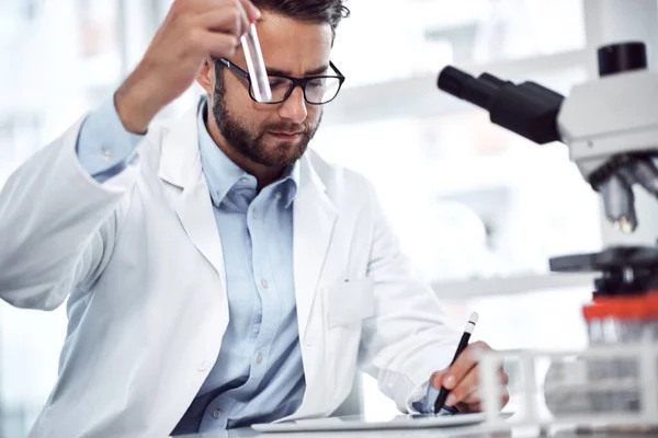 stock image Another one for the records. a focused young male scientist making notes while holding up a test tube inside of a laboratory