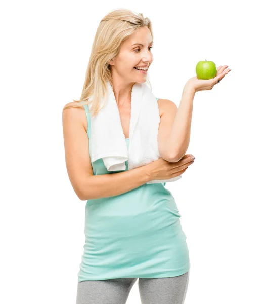 Apple Fitness Towel Senior Woman Studio Isolated White Background Health — Stock Photo, Image