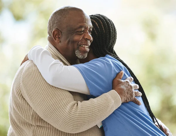 Senior Man Caregiver Hug Support Healthcare Happiness Retirement Home Happy — Stock Photo, Image