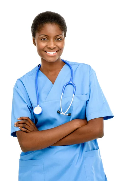Ritratto Medico Donna Colore Con Braccia Incrociate Sfondo Bianco Assistenza — Foto Stock