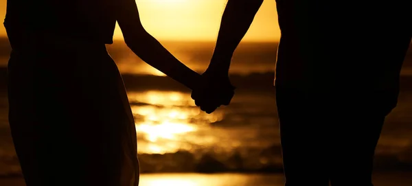 Silhouette Couple Holding Hands Sunset Beach Vacation Holiday Outdoor Man — Stock Photo, Image