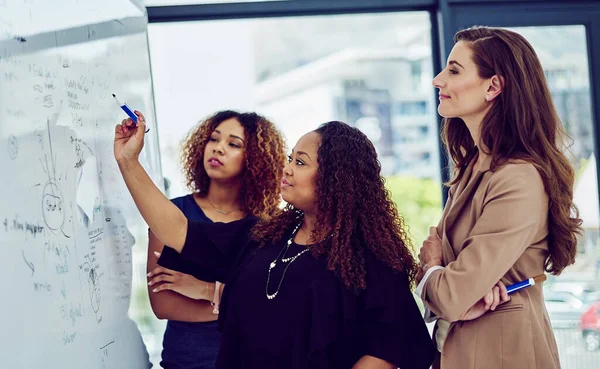 Tudo Começa Com Uma Estratégia Grupo Mulheres Negócios Trabalhando Quadro — Fotografia de Stock