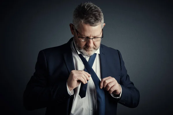Putting Tie White Collar Studio Shot Handsome Mature Businessman Fastening — Stock Photo, Image