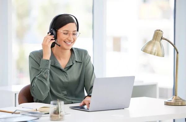 Call Center Laptop Mulher Negócios Consultor Telecomunicações Consultor Falando Line — Fotografia de Stock