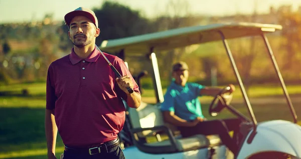 Wacht Nog Steeds Mijn Wedstrijd Een Golfer Houdt Zijn Club — Stockfoto