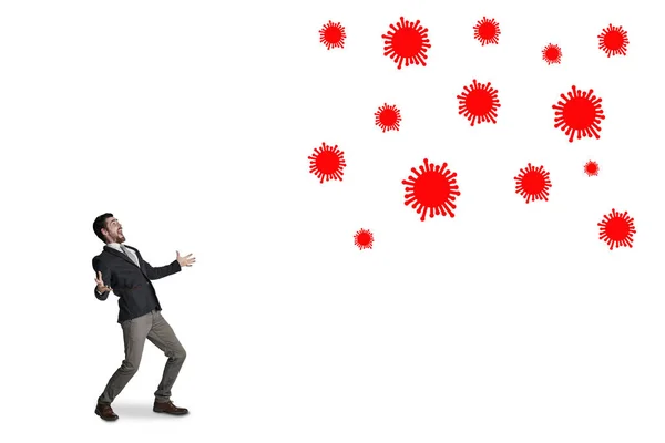 Панікуйте Будьте Готові Бізнесмен Атакує Вірус Білому Тлі — стокове фото