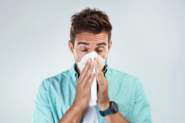 Sick Tissue Face Man Blowing Nose Studio Flu Illness Virus — Stock Photo, Image