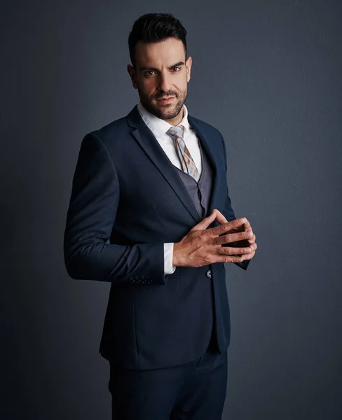 stock image Got my eyes on the business prize. Studio shot of a stylish and confident young businessman posing against a gray background