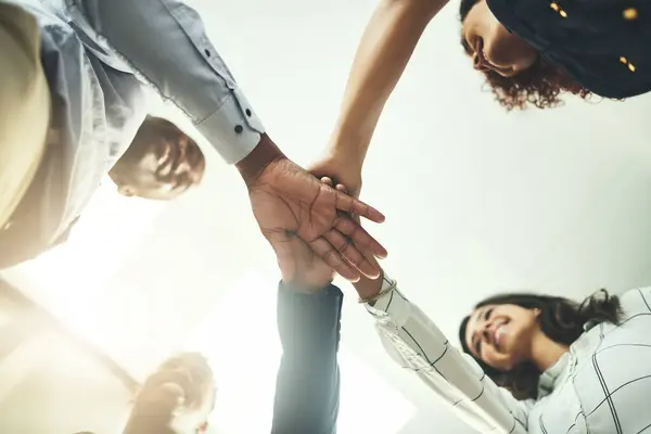 Right Team Lets Closeup Shot Group Businesspeople Joining Hands Together — Stock Photo, Image