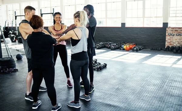 All Fitness Cheerful Young Group People Forming Huddle Together While — Stock Photo, Image
