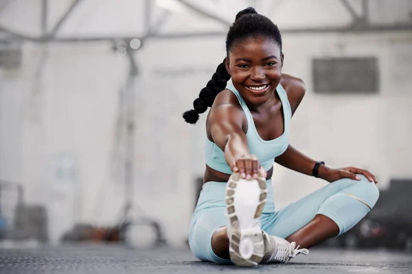 Gym Portrait Black Woman Stretching Legs Workout Routine Body Movement — Stock Photo, Image