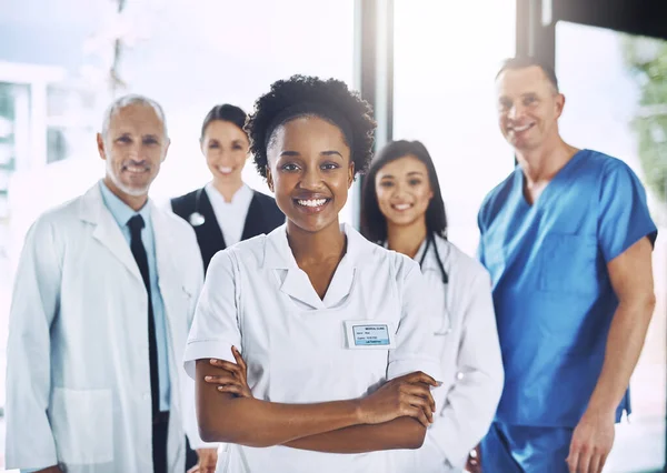 Sonrisa Equipo Retrato Mujer Negra Con Médicos Enfermeras Diversidad Hospital — Foto de Stock