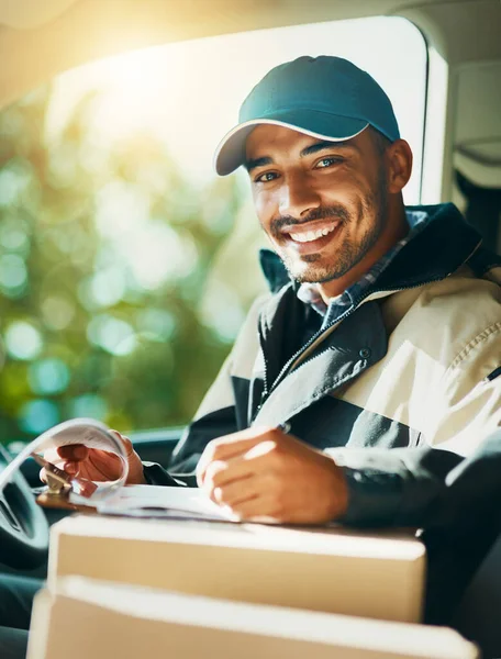 Writing Delivery Portrait Man Van Courier Logistics Shipping Ecommerce Export — Stock Photo, Image