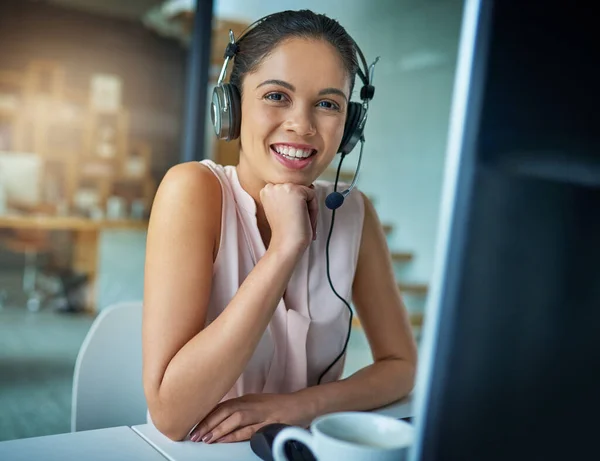 stock image Happy woman, call center and portrait smile for customer service, support or telemarketing at the office. Friendly female person, consultant or agent smiling for online advice, help or communication.