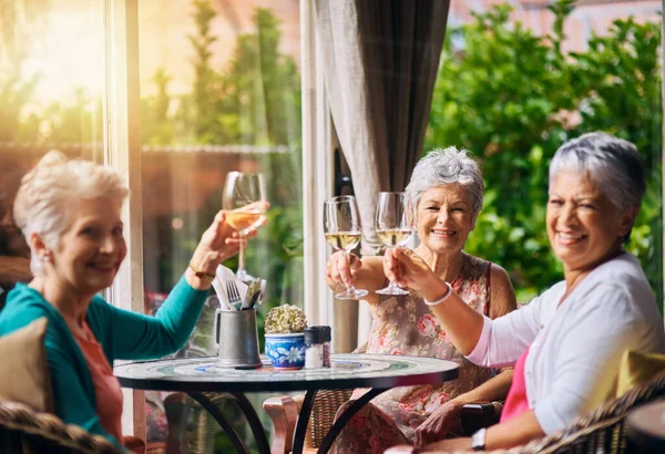 Brinde Vinho Retrato Mulheres Seniores Amigos Aposentadoria Reunião Celebração Social — Fotografia de Stock