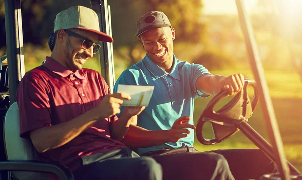 Living Life Two Golfers Riding Cart Golf Course — Stock Photo, Image