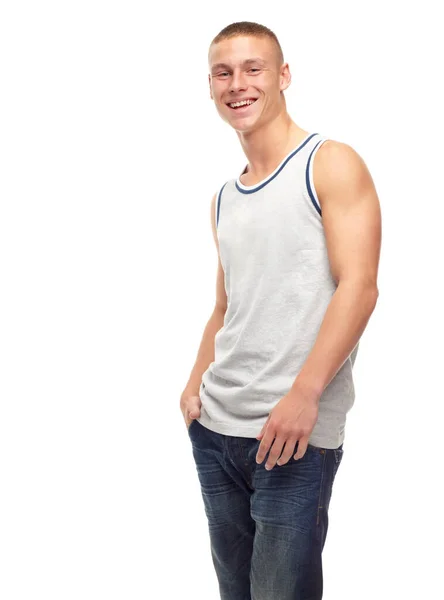 Happy Fashion Portrait Man Studio Confidence Attractive Pride White Background — Stock Photo, Image