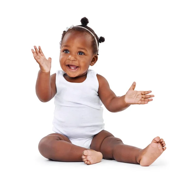 Bebê Menina Sorriso Com Bebê Animado Alegre Isolado Contra Fundo — Fotografia de Stock