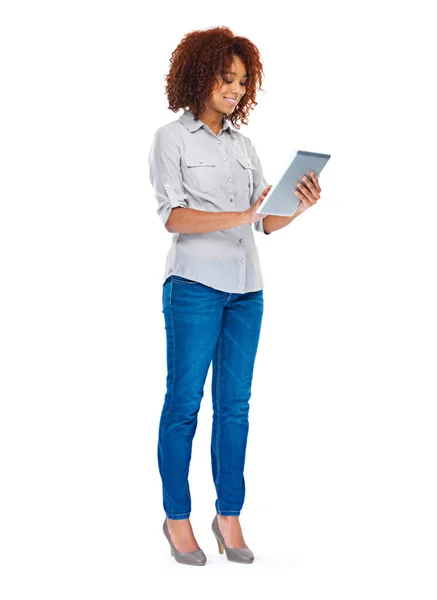 Mulher Isolada Mensagens Texto Tablet Estúdio Para Aplicativo Mídia Social — Fotografia de Stock