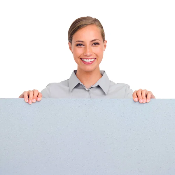 Mujer Feliz Retrato Cartelera Para Publicidad Comercial Marketing Fondo Estudio —  Fotos de Stock
