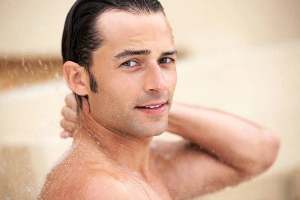 Hombre Ducha Gota Agua Retrato Baño Higiene Con Autocuidado Rutina — Foto de Stock