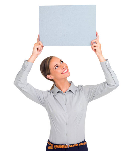 Happy woman, poster and sign for advertising, marketing or branding against a white studio background. Isolated female person with smile holding billboard or placard for advertisement on mockup space.
