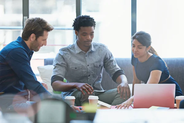 stock image People in creative meeting, brainstorming and team project management at advertising agency. Communication, collaboration and group strategy, men and woman in discussion, design process at startup.