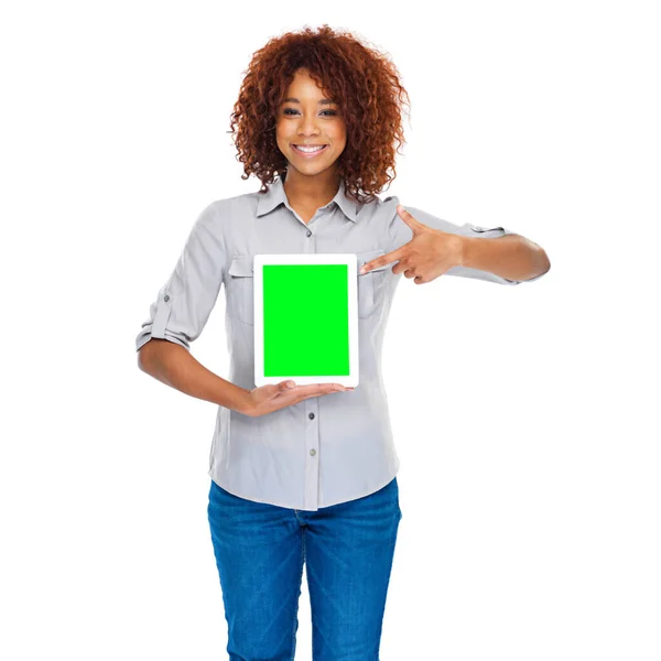 Kadın Sosyal Medya Uygulaması Için Stüdyoda Yeşil Ekran Tableti Beyaz — Stok fotoğraf
