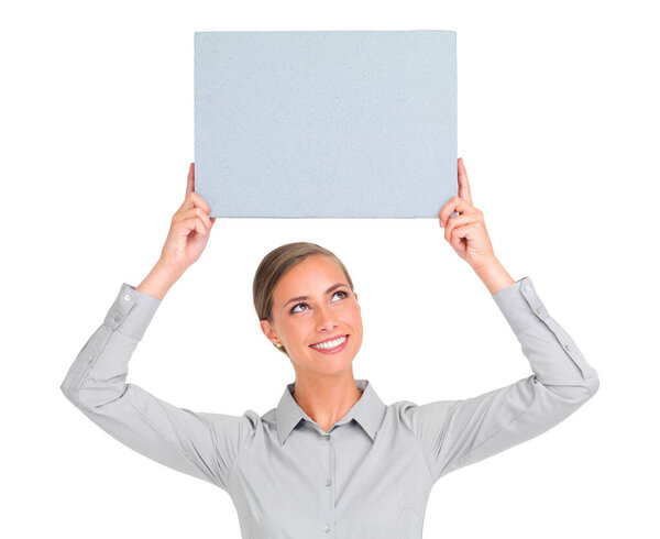 Happy woman, poster and business advertising, marketing or branding against a white studio background. Isolated female person with smile holding billboard or sign for advertisement on mockup space.