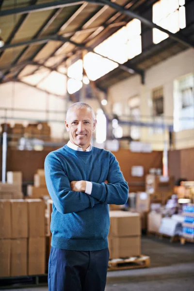 Arms Crossed Smile Portrait Man Warehouse Cargo Storage Shipping Distribution — Stock Photo, Image