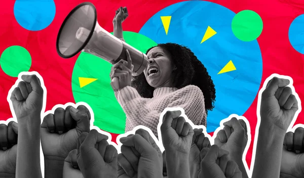強い意見や放送のための赤の背景に隔離されたメガホン 抗議と女性の声 スピーチ 拳と力のためのZ世代 アクションへの呼び出しやデジタルスクラップブックアートの変更 — ストック写真