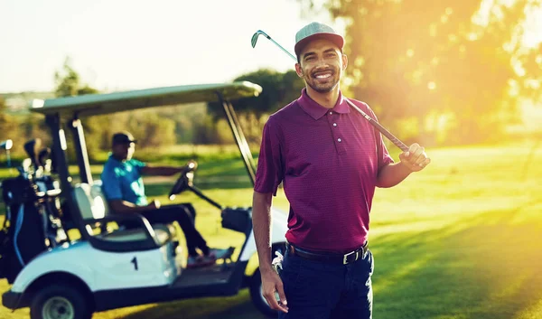 Wil Winnen Een Golfer Houdt Zijn Club Met Een Buggy — Stockfoto